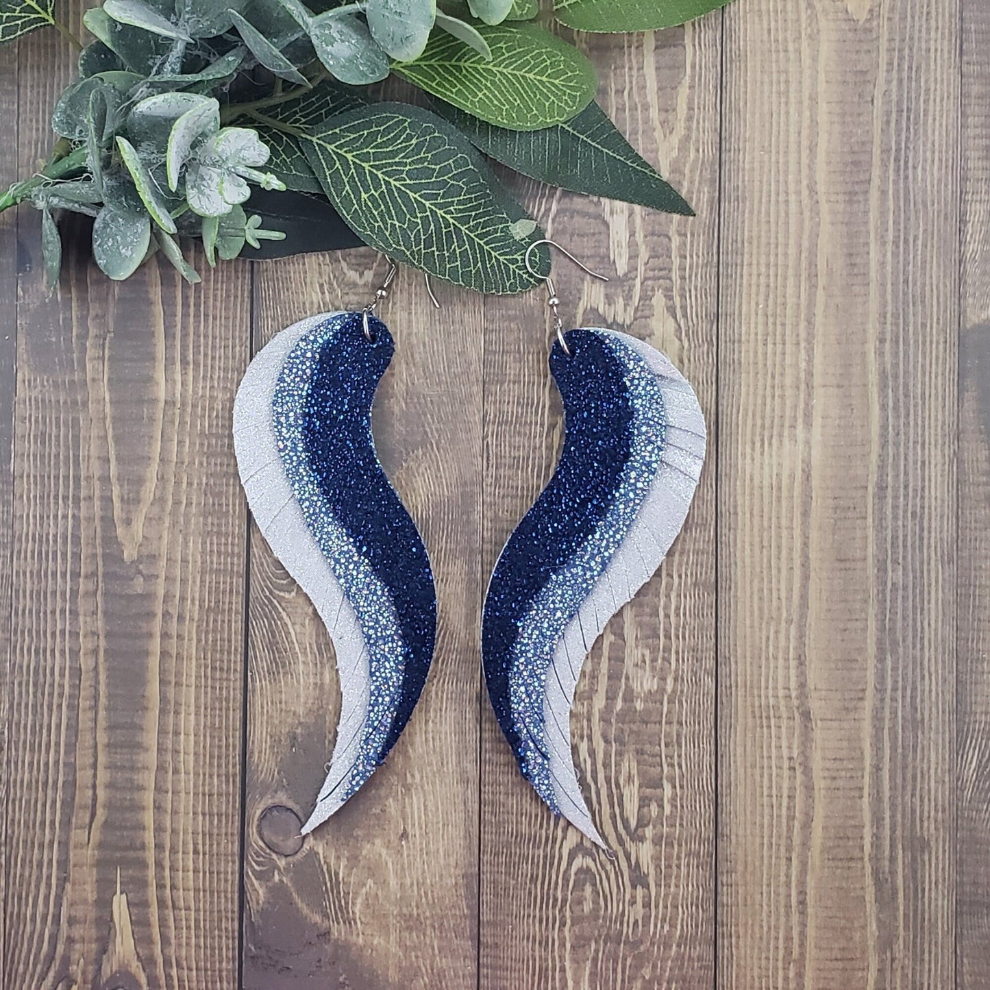 Blue and Silver Angel Wing Statement Earrings