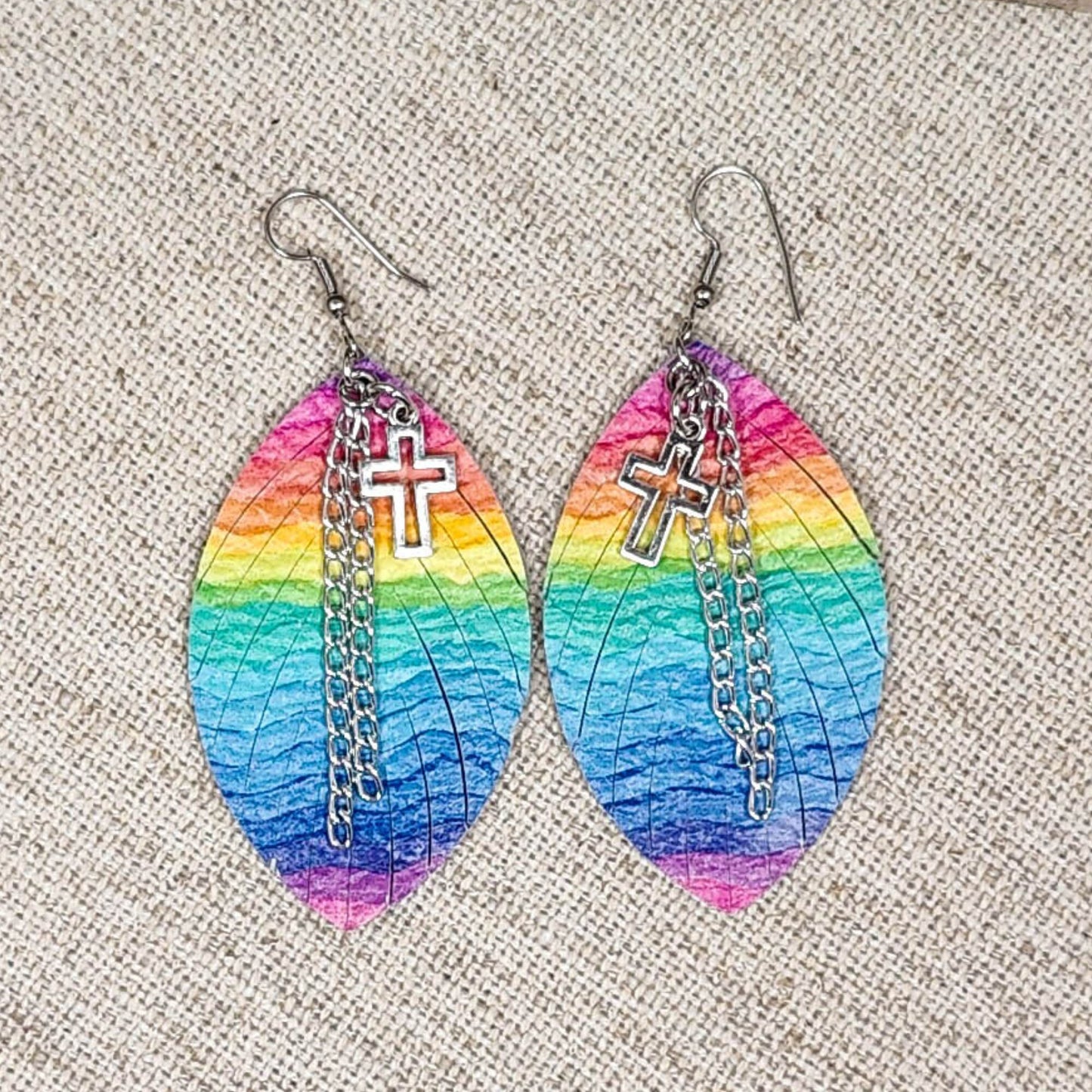 Rainbow Fringe Earrings with Silver Cross