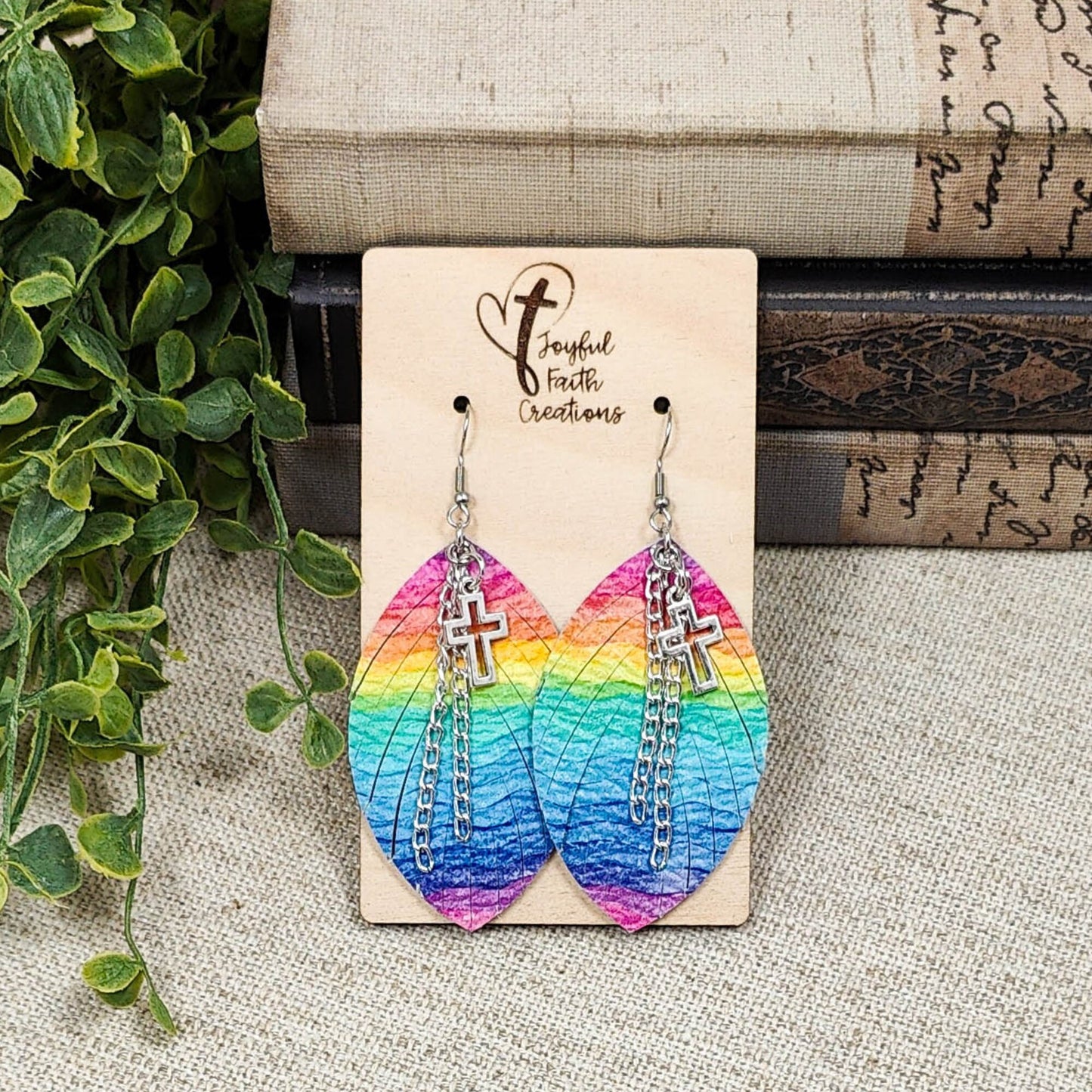 Rainbow Fringe Earrings with Silver Cross