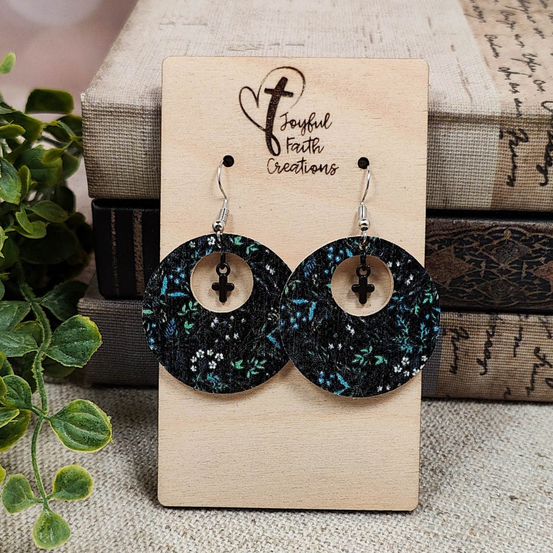 Mini Hole-in-One Dark Floral Earrings with Cross