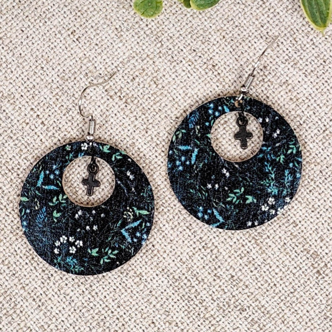 Mini Hole-in-One Dark Floral Earrings with Cross