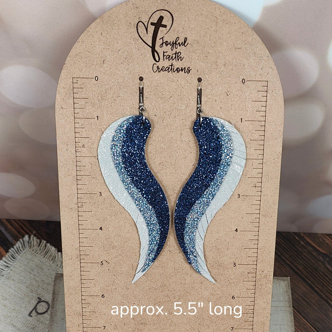 Blue and Silver Angel Wing Statement Earrings