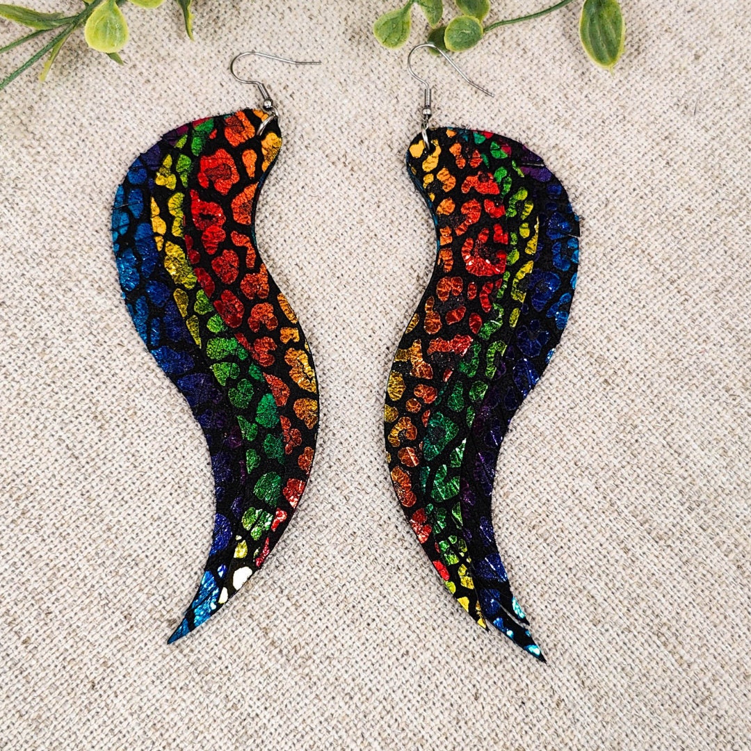 Rainbow Leopard Angel Wing Earrings