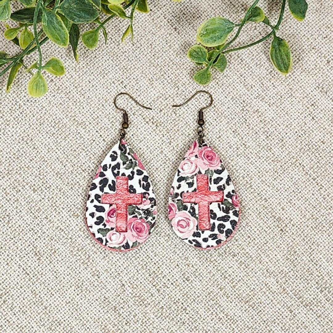 Rose and Leopard Cross Teardrop Earrings-pattern may vary