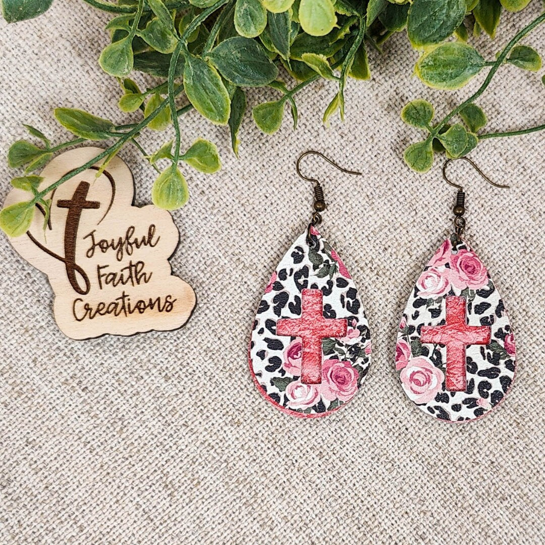 Rose and Leopard Cross Teardrop Earrings-pattern may vary