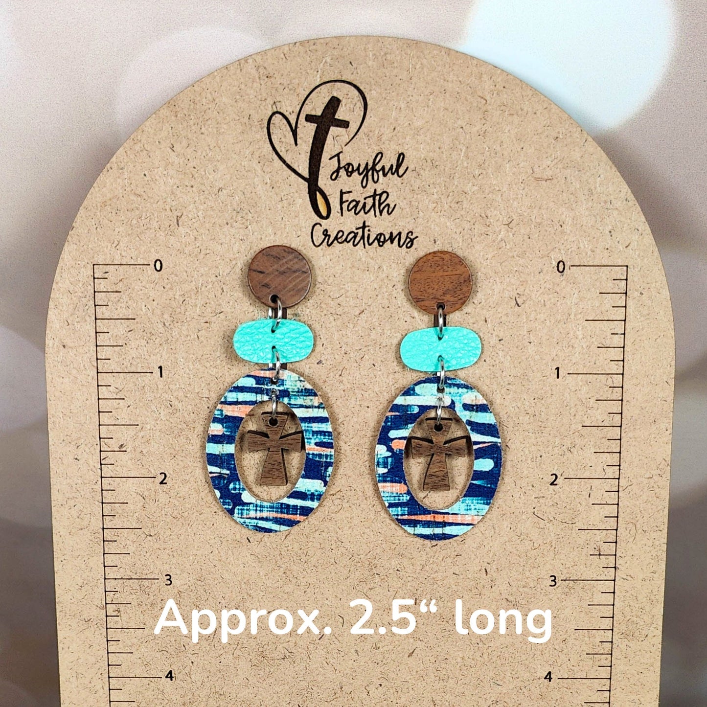 Turquoise and Orange Striped Stud Dangles with Wood Cross