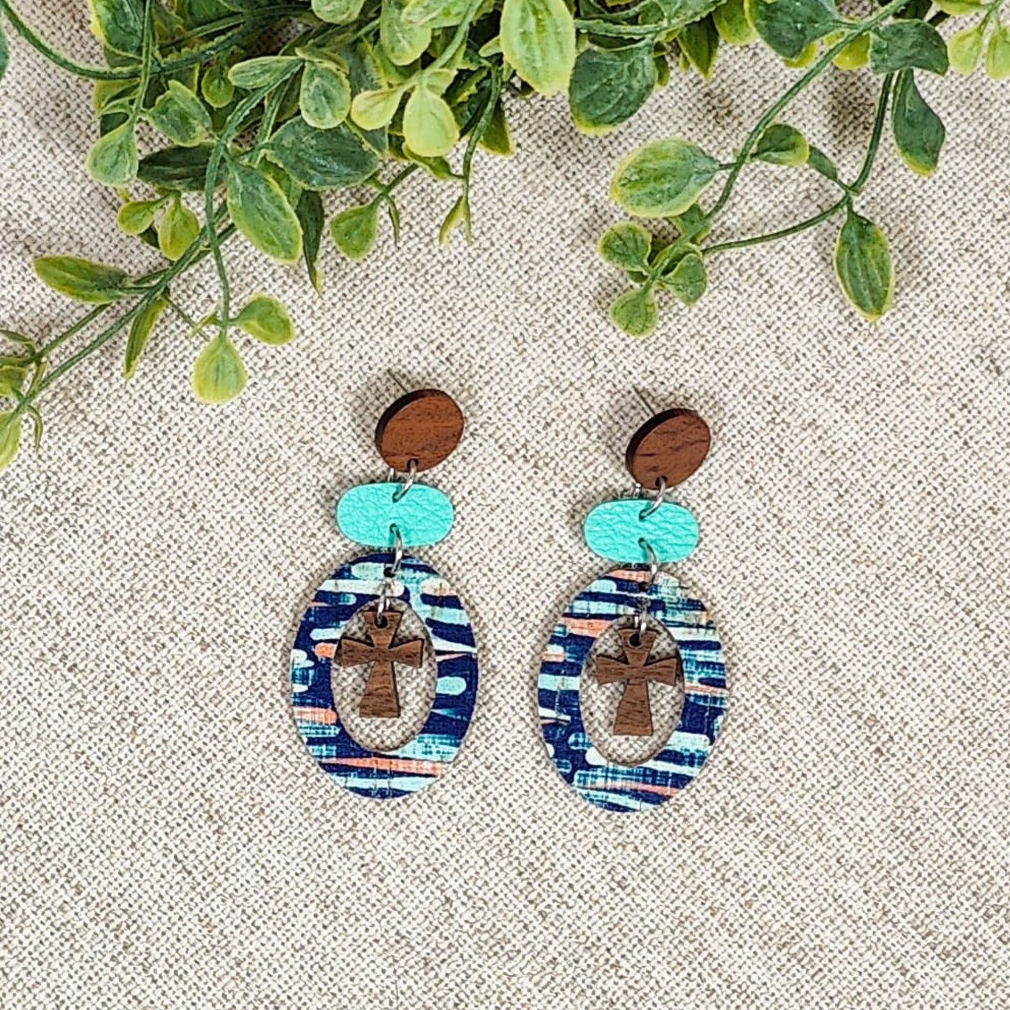 Turquoise and Orange Striped Stud Dangles with Wood Cross