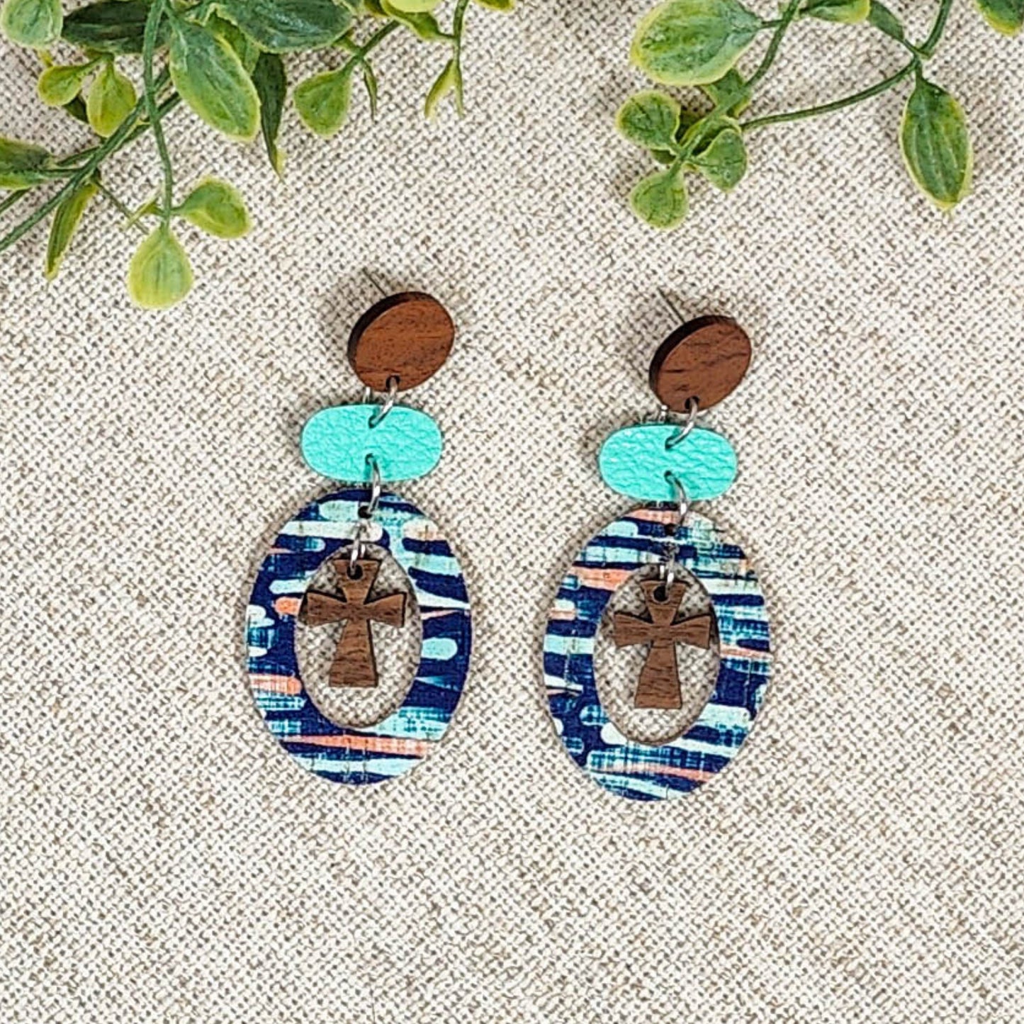 Turquoise and Orange Striped Stud Dangles with Wood Cross