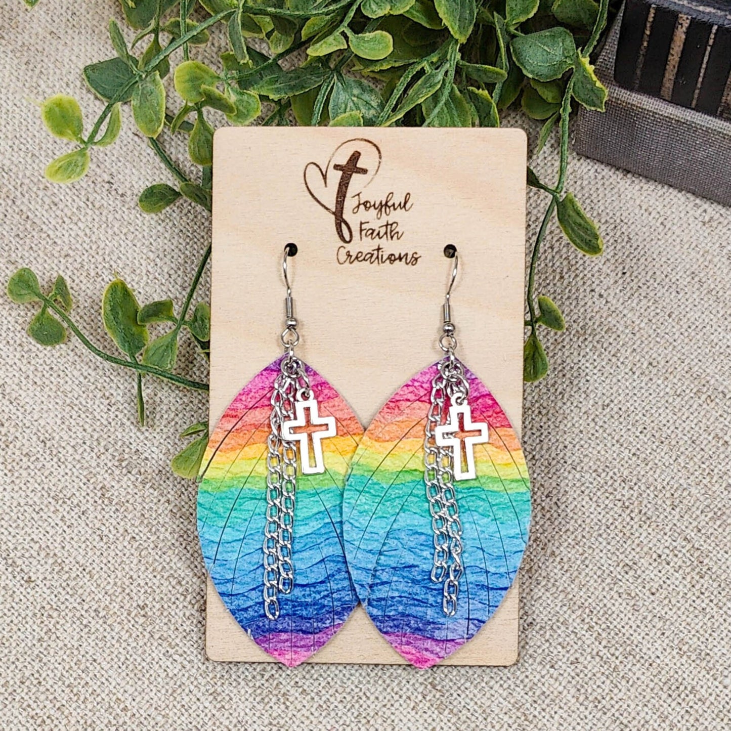 Rainbow Fringe Earrings with Silver Cross