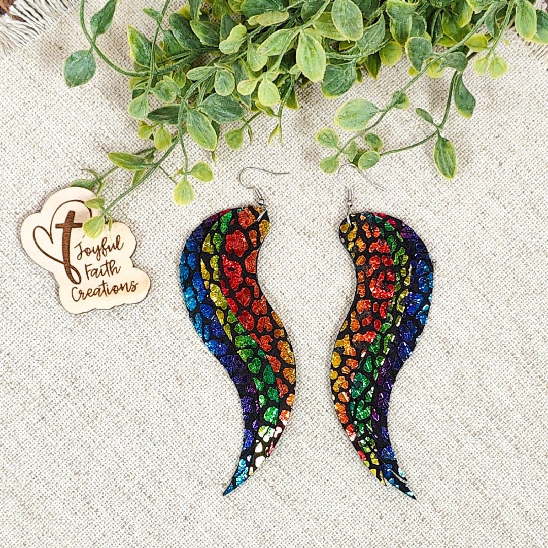 Rainbow Leopard Angel Wing Earrings