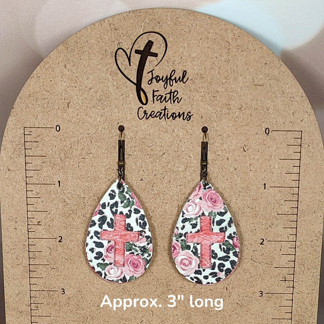 Rose and Leopard Cross Teardrop Earrings-pattern may vary