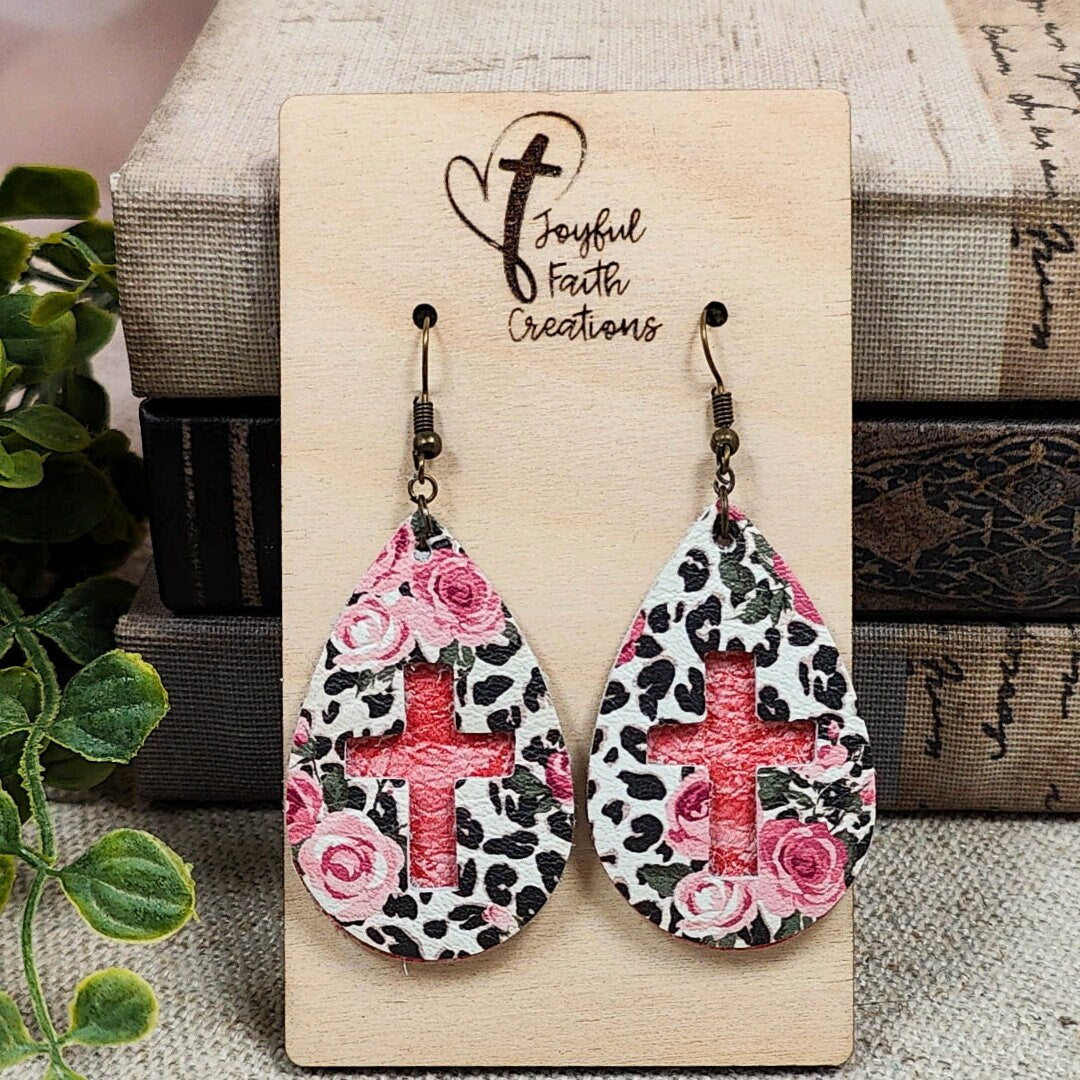 Rose and Leopard Cross Teardrop Earrings-pattern may vary