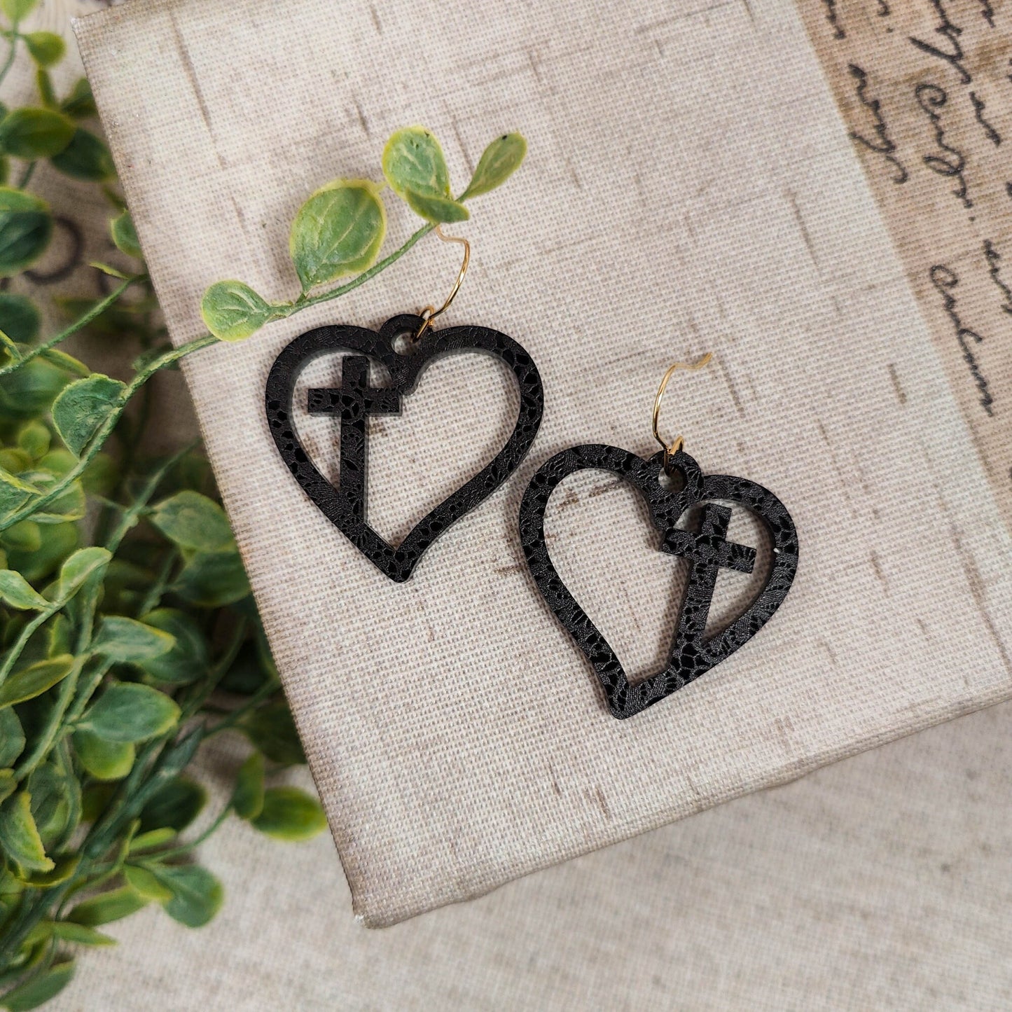 Black Lace Acrylic Hearts with Crosses