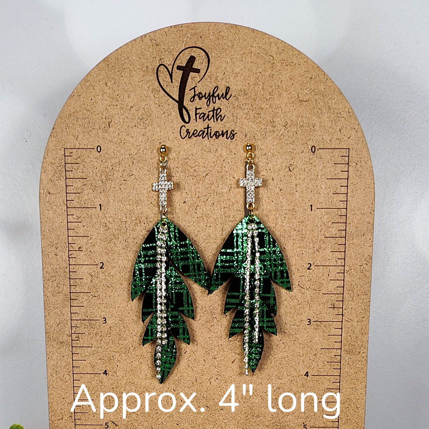 Green & Black Plaid Leather Stud Earrings with Rhinestones