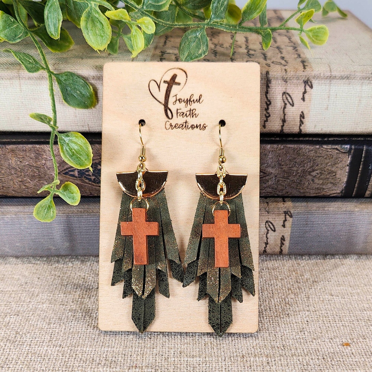 Boho Fringe Cross Earrings in Olive Green Sparkle