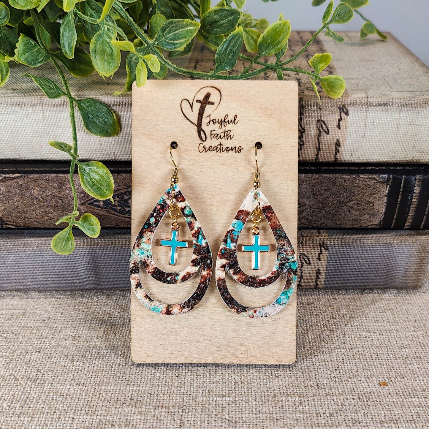 Western Teardrop Earrings with Blue Cross