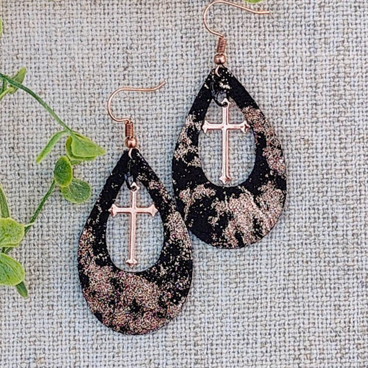 Rose Gold on Black Sparkle Teardrops with Cross