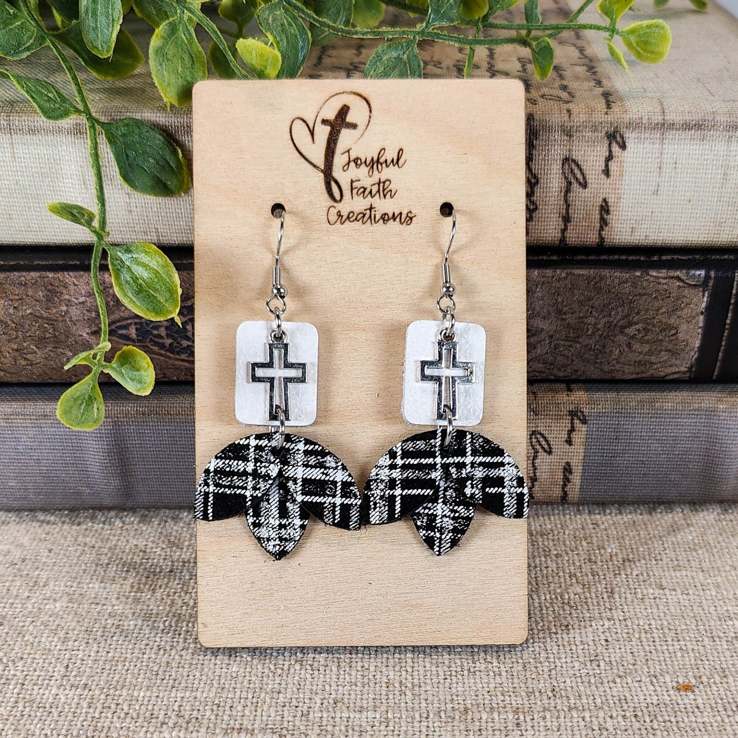 Black and White Petal Drop Earrings with Silver Cross