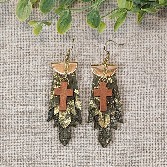 Boho Fringe Cross Earrings in Olive Green Sparkle