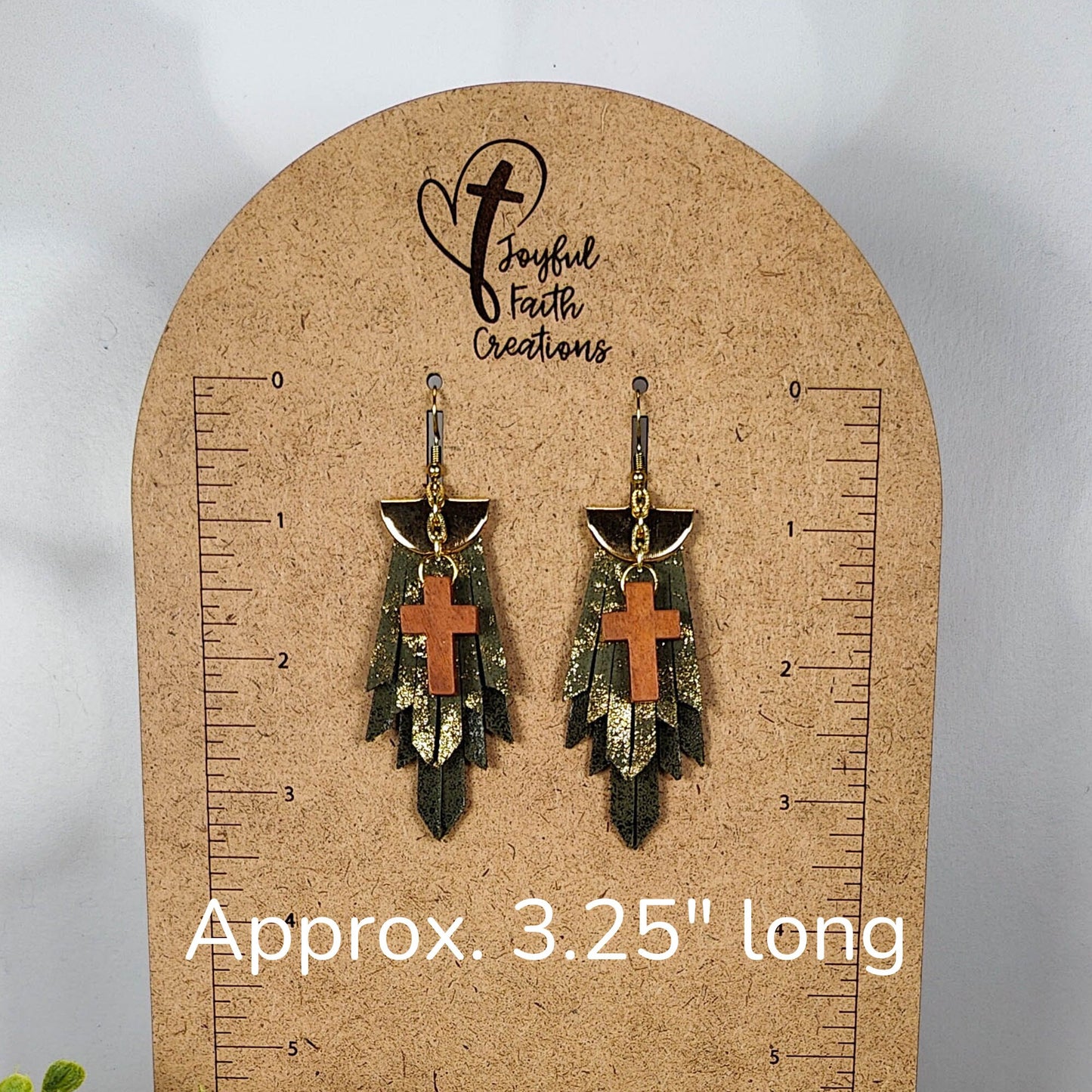 Boho Fringe Cross Earrings in Olive Green Sparkle