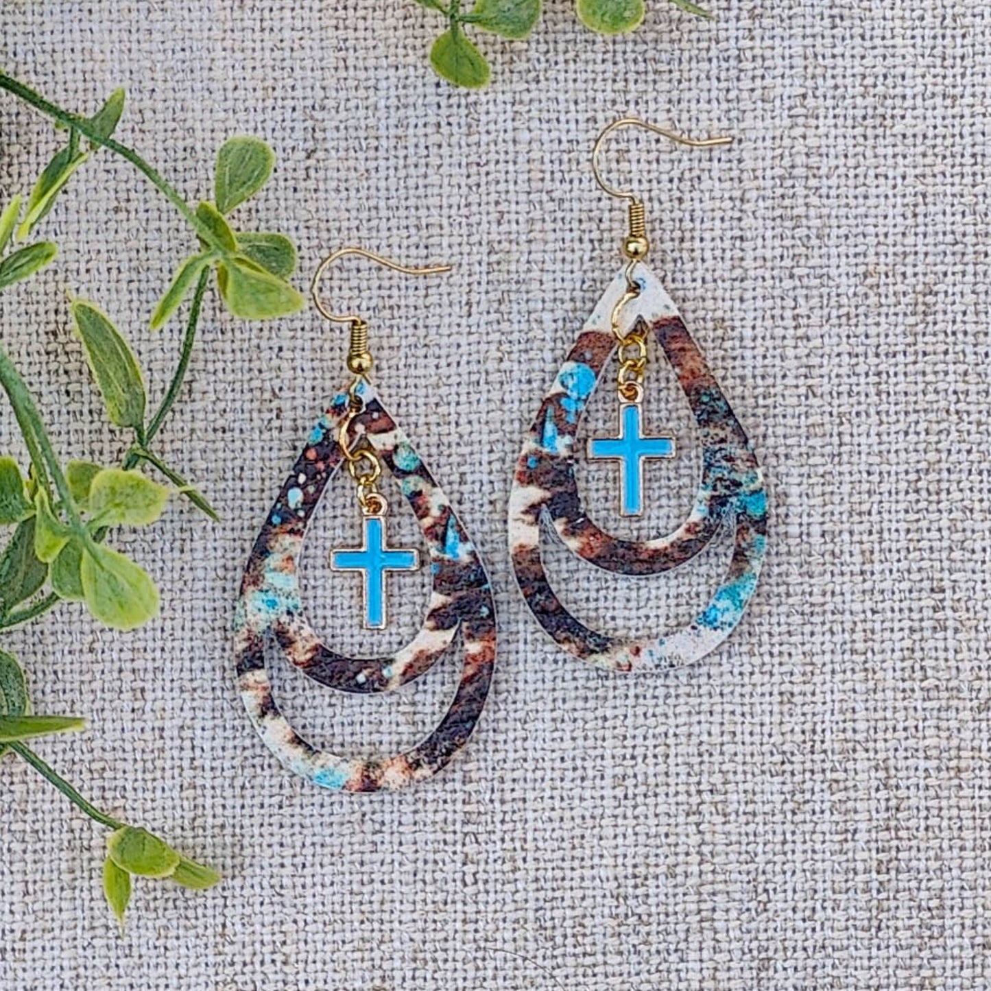 Western Teardrop Earrings with Blue Cross