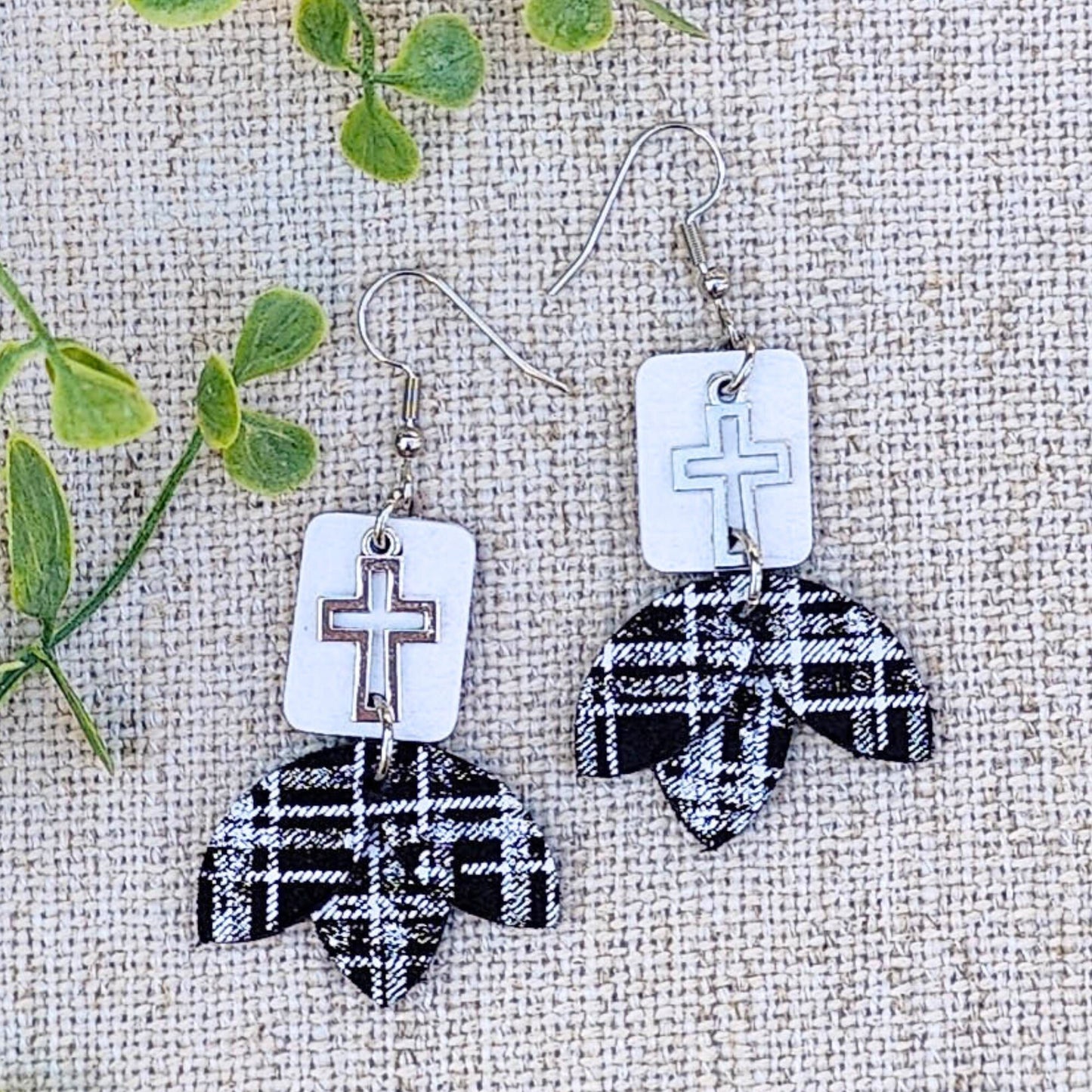 Black and White Petal Drop Earrings with Silver Cross