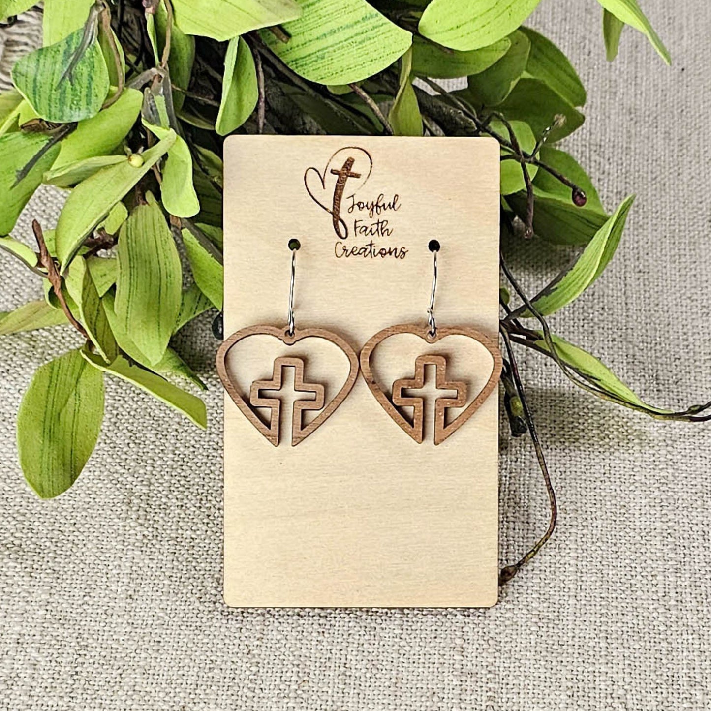 Wood Open Heart Cross Earrings