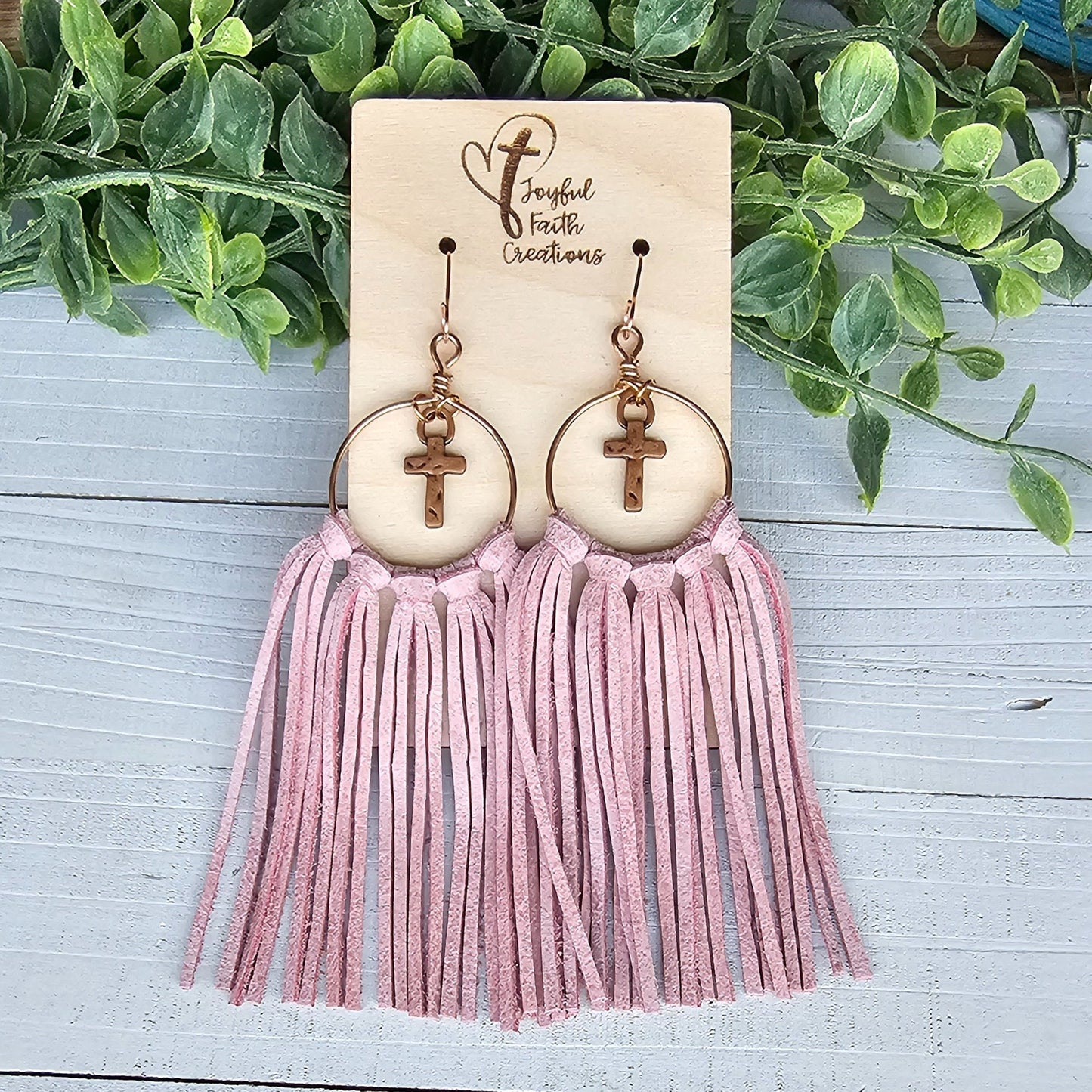 Pink fringe earrings, cross earrings, religious gifts, anniversary gift for wife, birthday gift for friend, Christian gifts for women faith