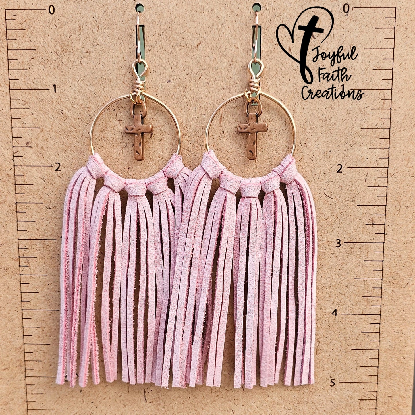 Pink fringe earrings, cross earrings, religious gifts, anniversary gift for wife, birthday gift for friend, Christian gifts for women faith