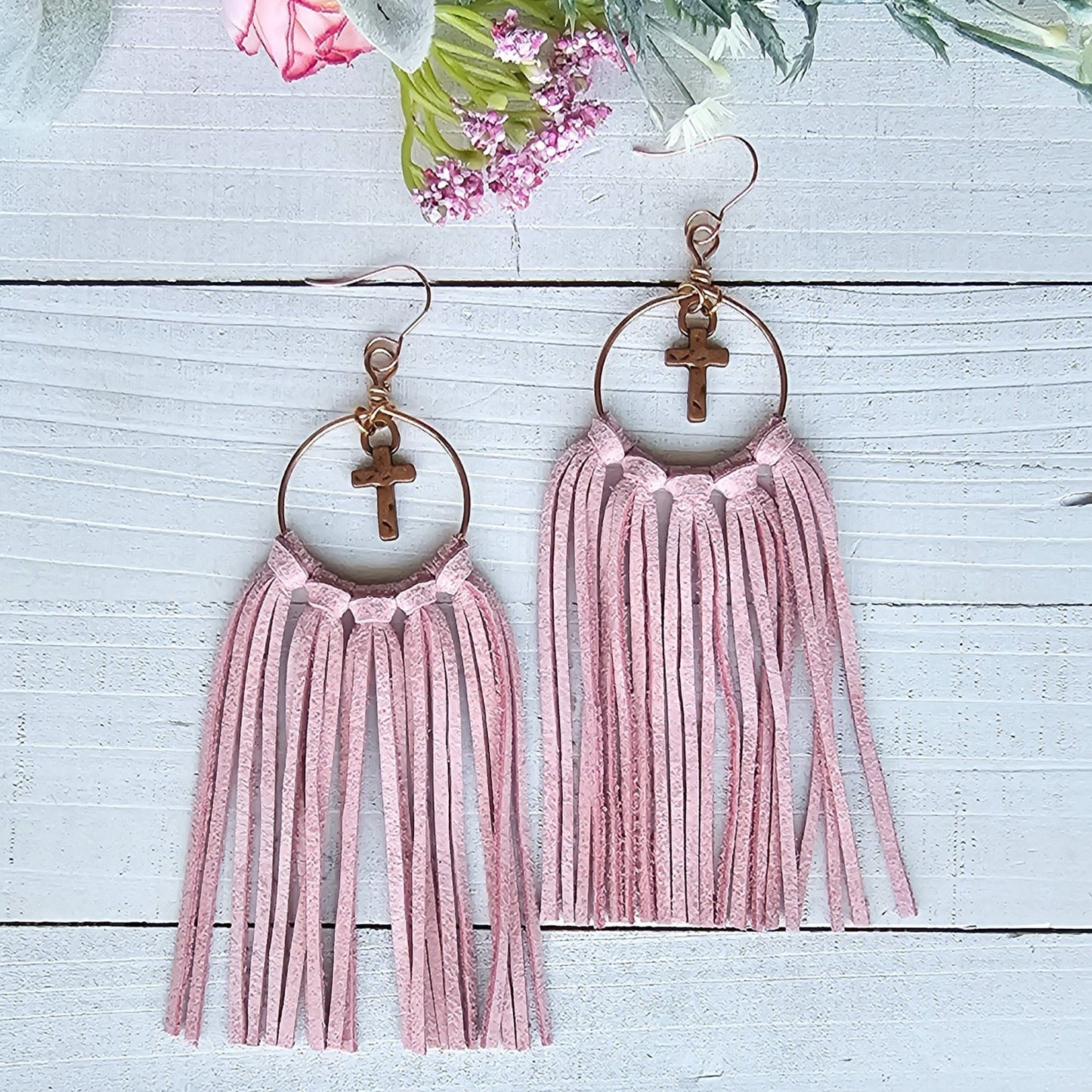 Pink fringe earrings, cross earrings, religious gifts, anniversary gift for wife, birthday gift for friend, Christian gifts for women faith