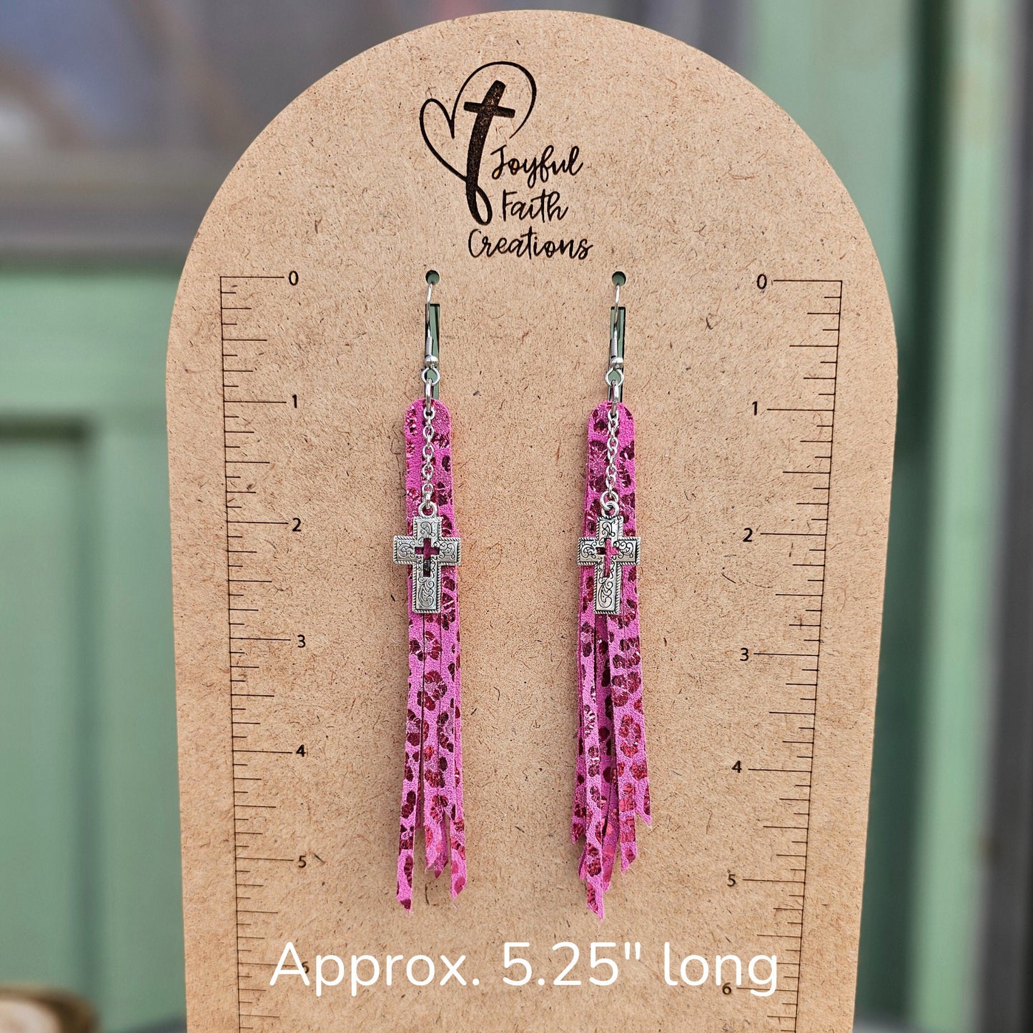 Pink Leopard Fringe Earrings with Silver Cross