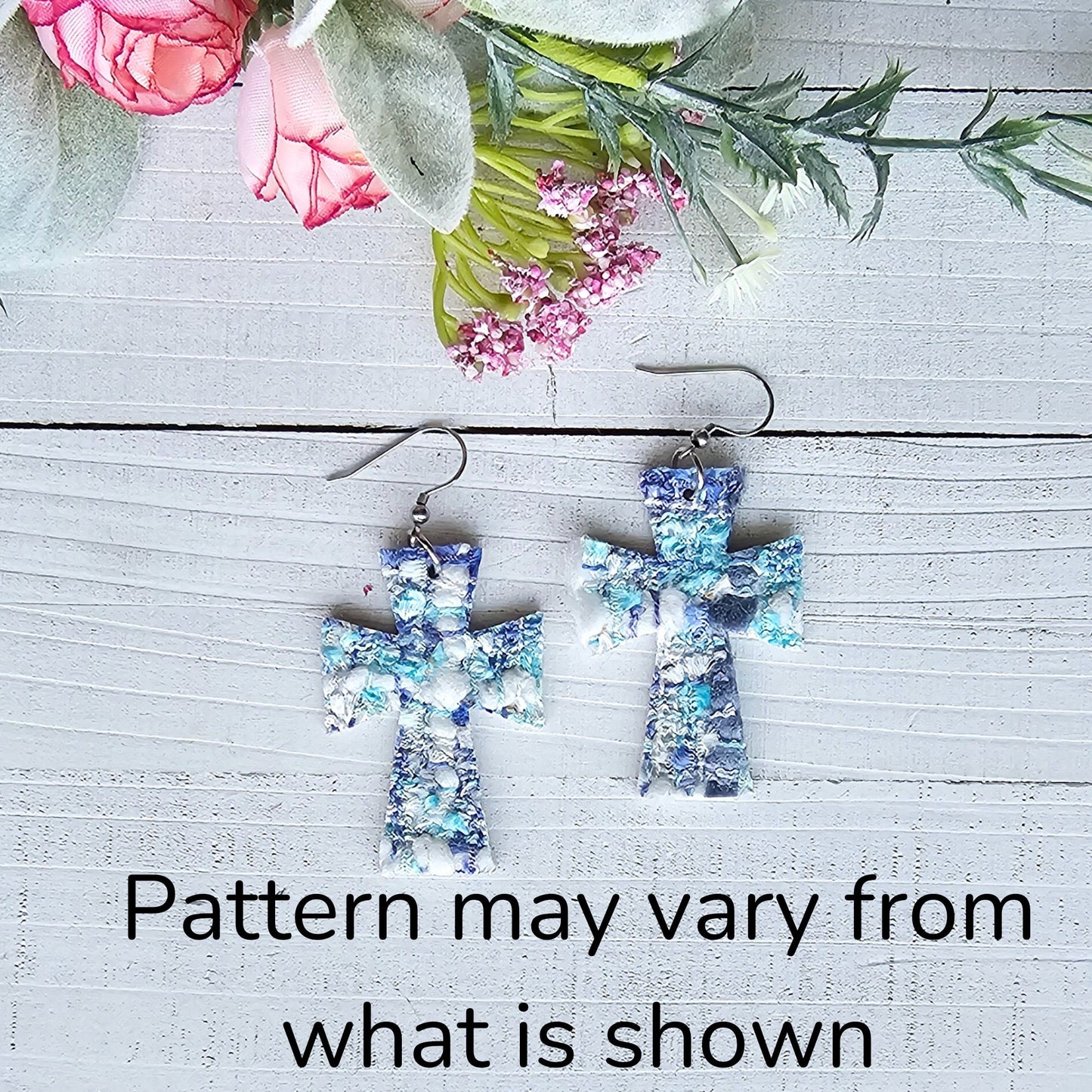 Blue and White Tweed Cross Earrings