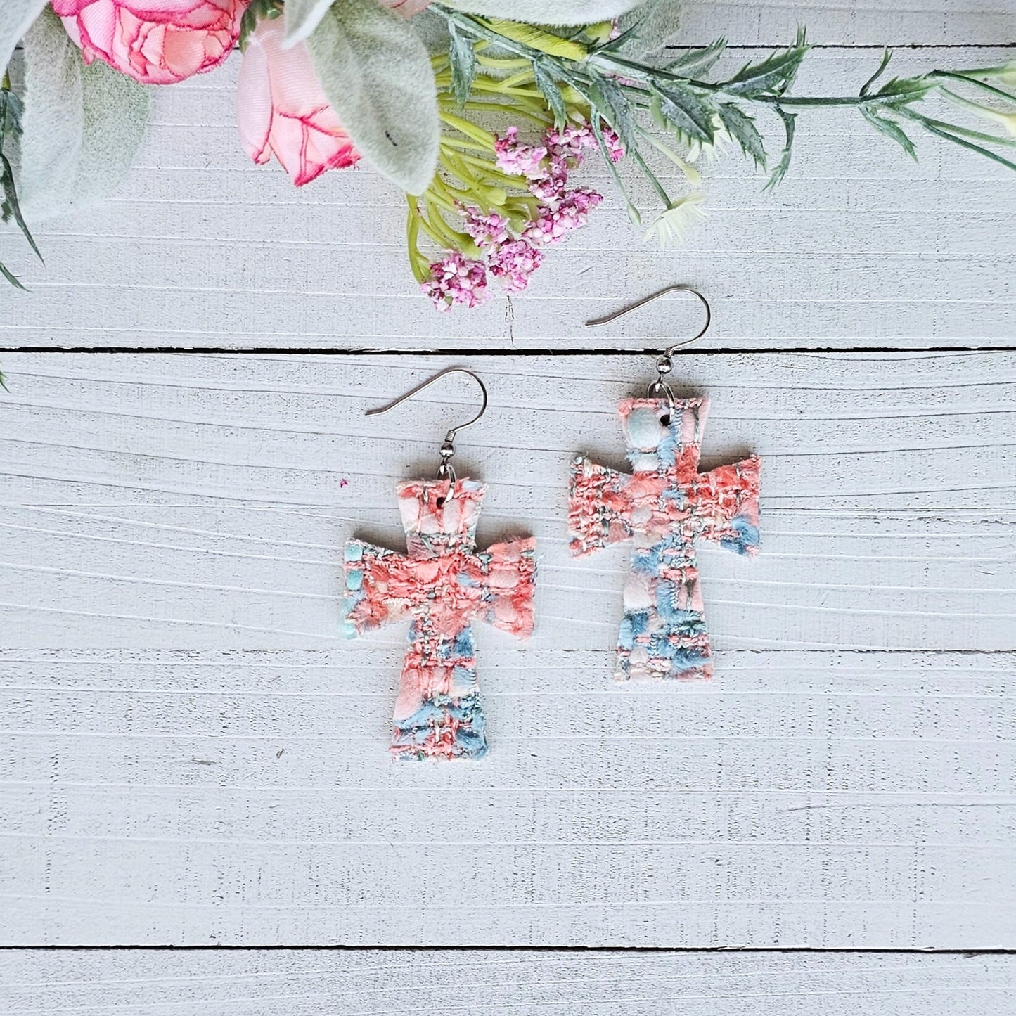 Blue and Peach Tweed Cross Earrings