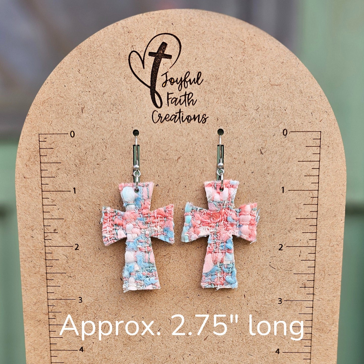 Blue and Peach Tweed Cross Earrings