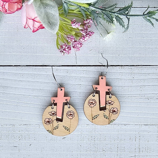 pink cross earrings wood, Christian gifts for women faith, Easter earrings, birthday gifts for sister, for best friend, baptism gift for her