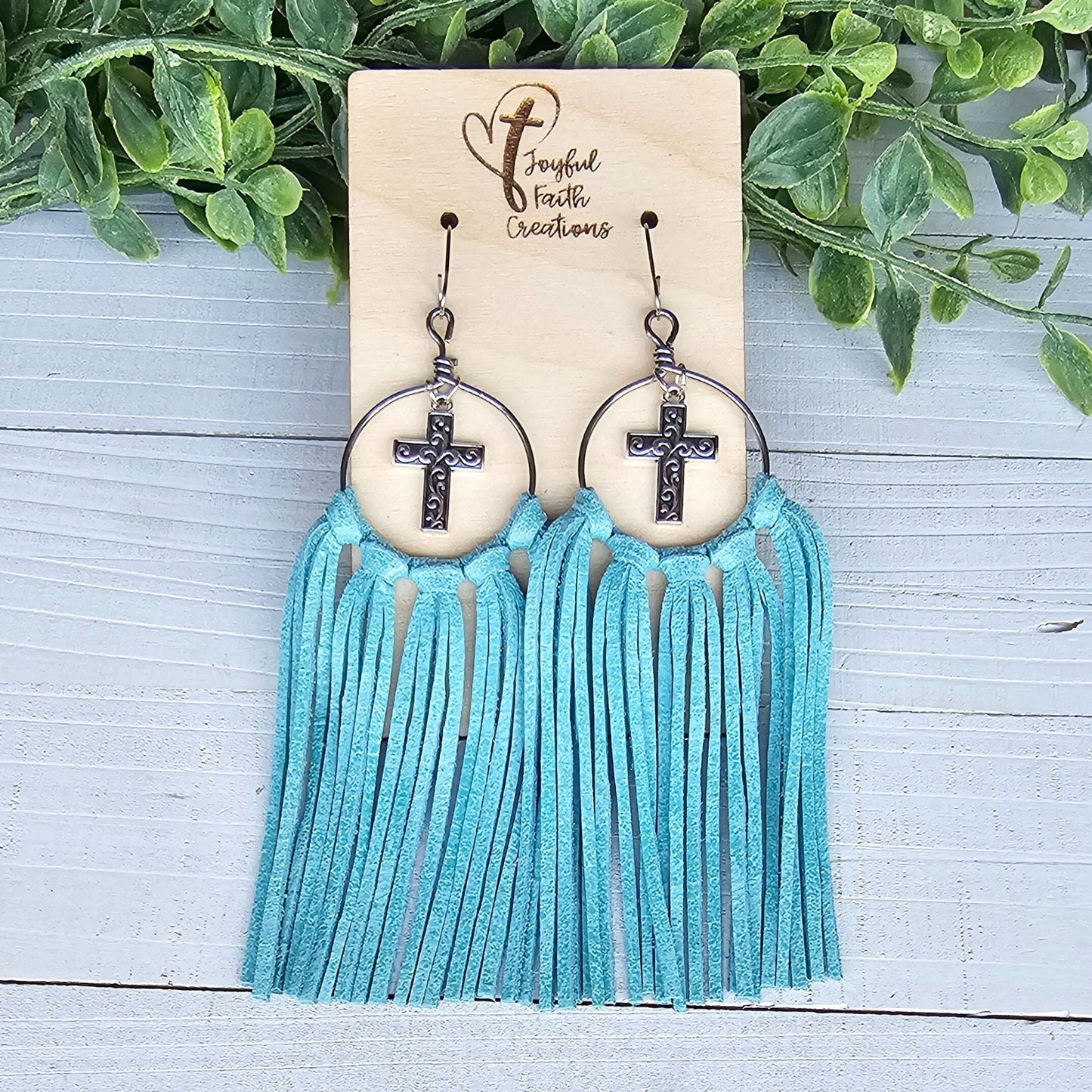 Turquoise Fringe Earrings with Silver Cross