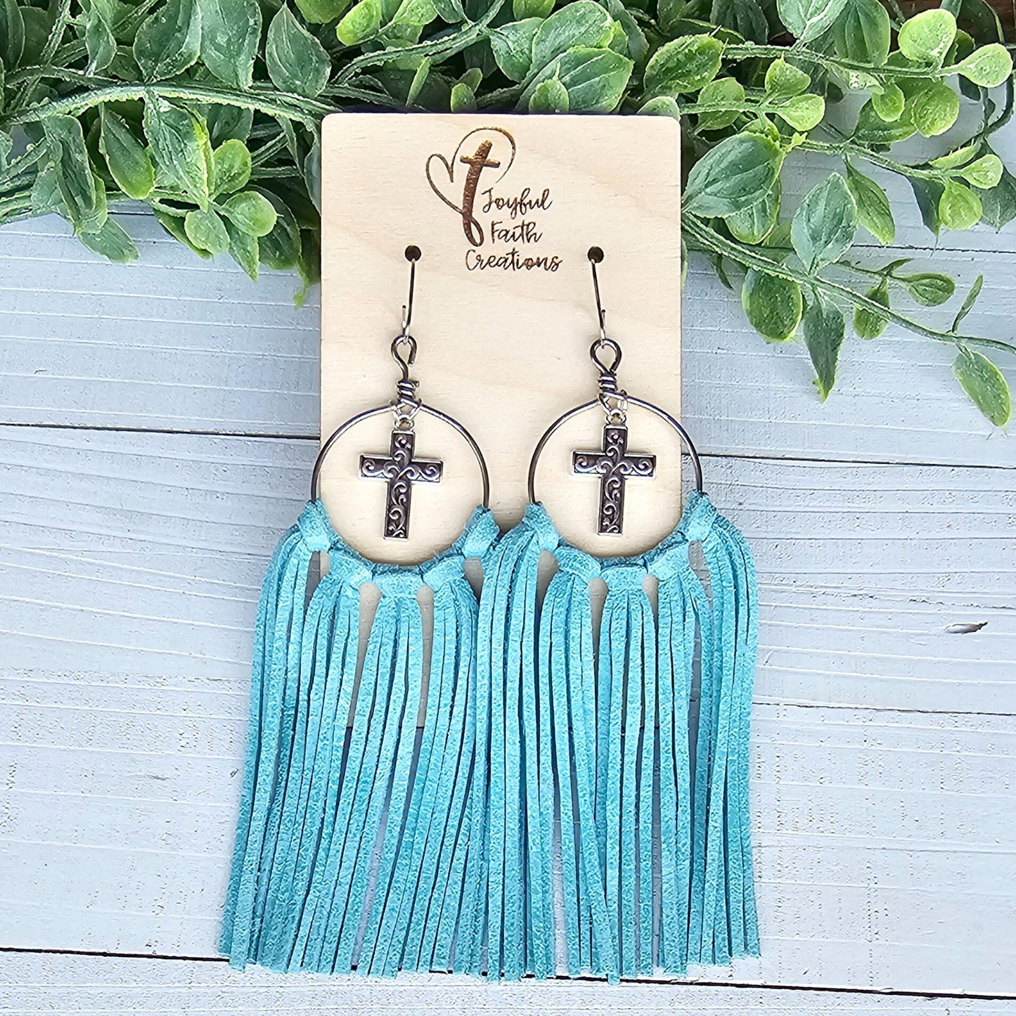 Turquoise Fringe Earrings with Silver Cross