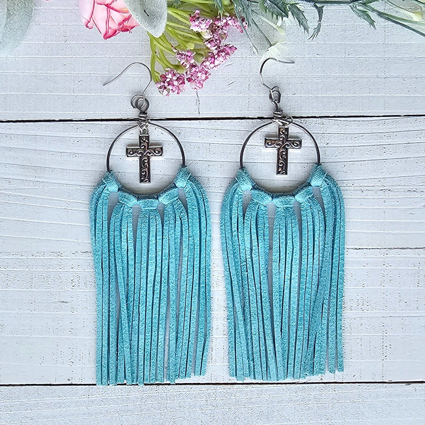 Turquoise Fringe Earrings with Silver Cross