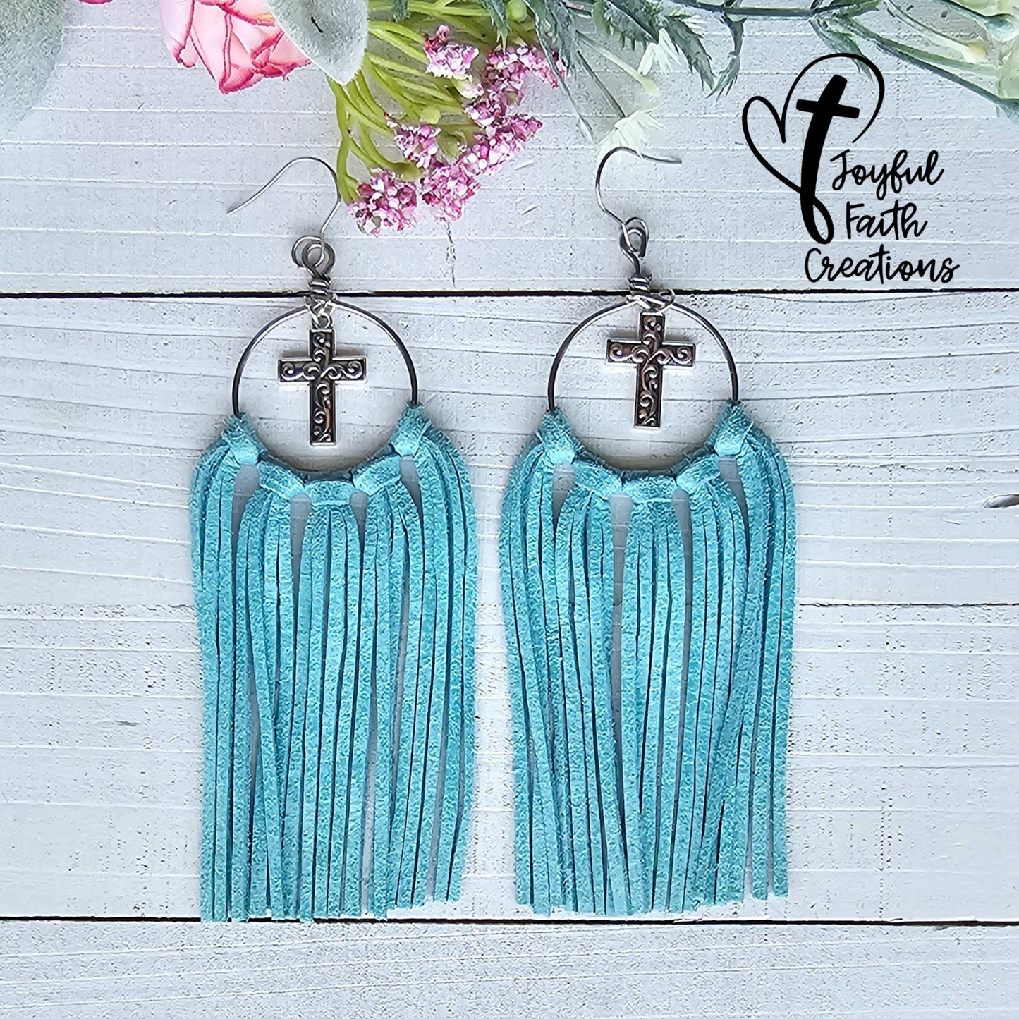 Turquoise Fringe Earrings with Silver Cross