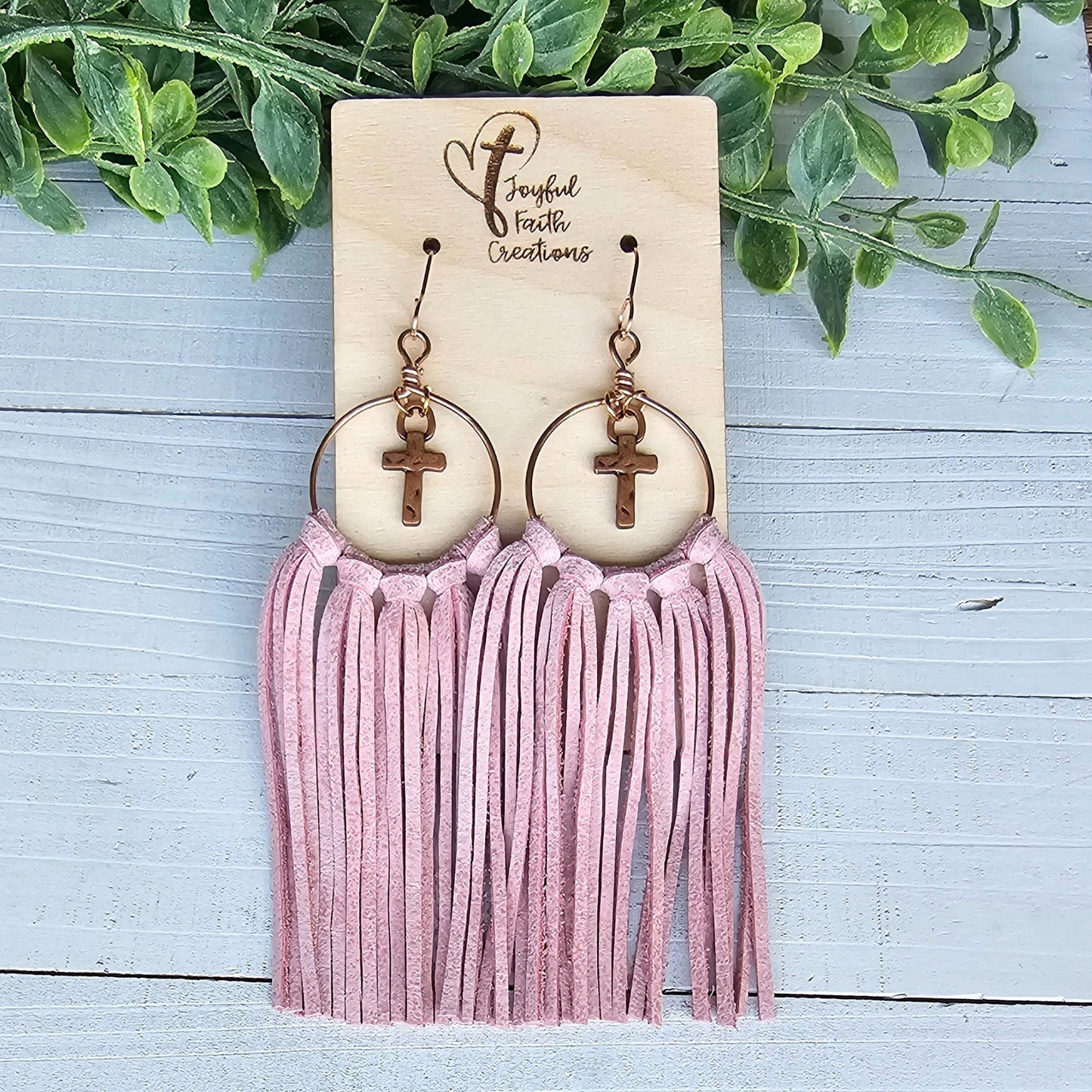 Pink fringe earrings, cross earrings, religious gifts, anniversary gift for wife, birthday gift for friend, Christian gifts for women faith