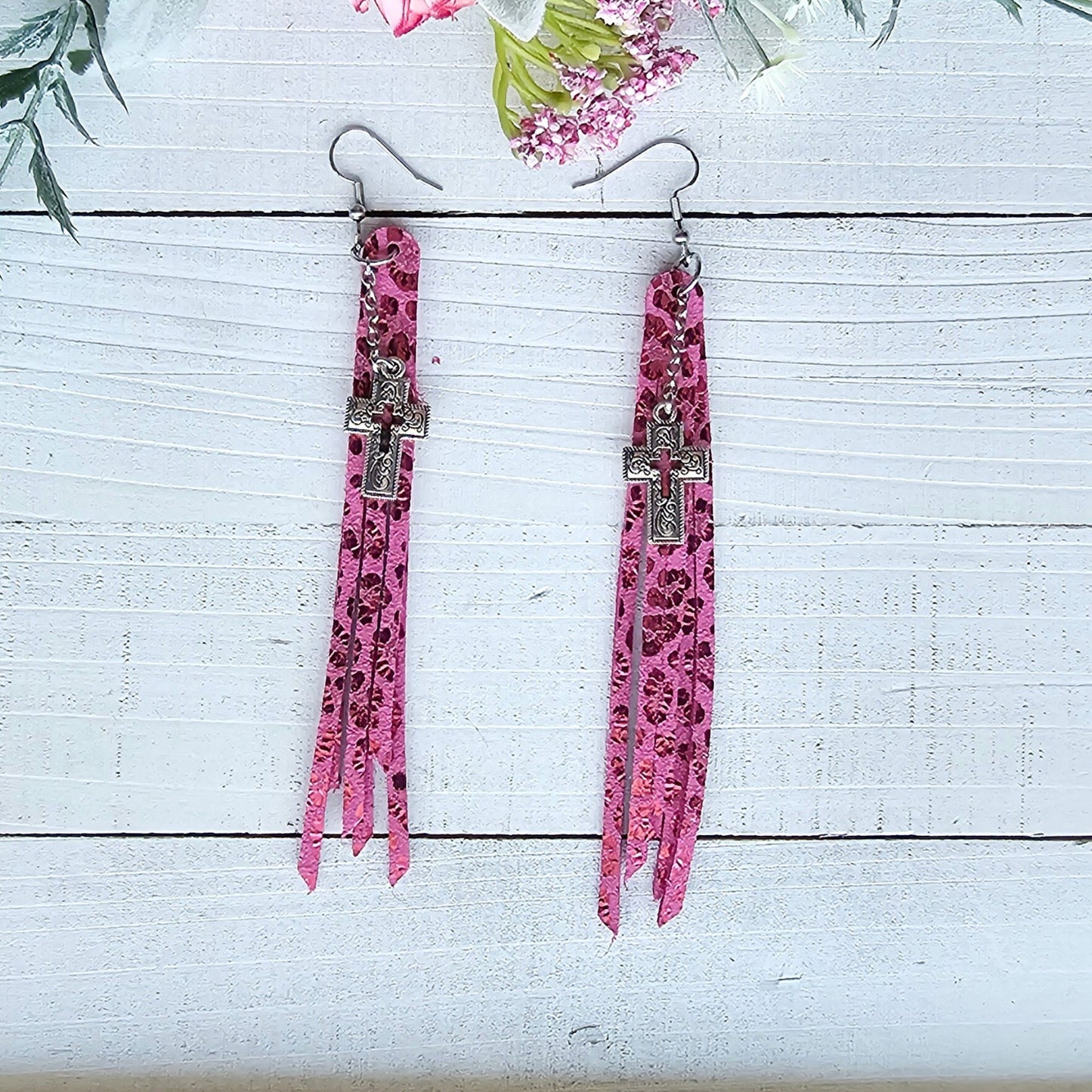 Pink Leopard Fringe Earrings with Silver Cross