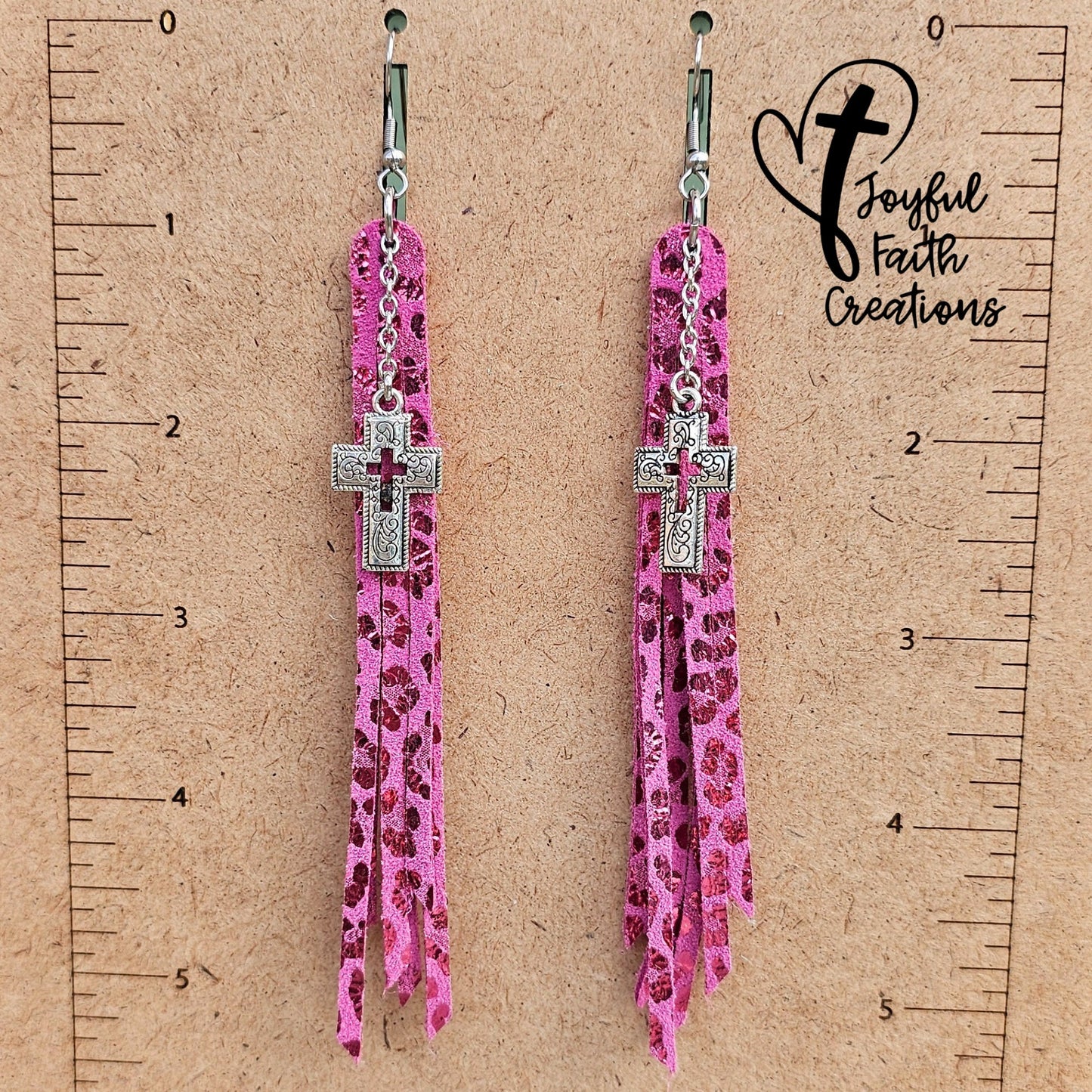 Pink Leopard Fringe Earrings with Silver Cross