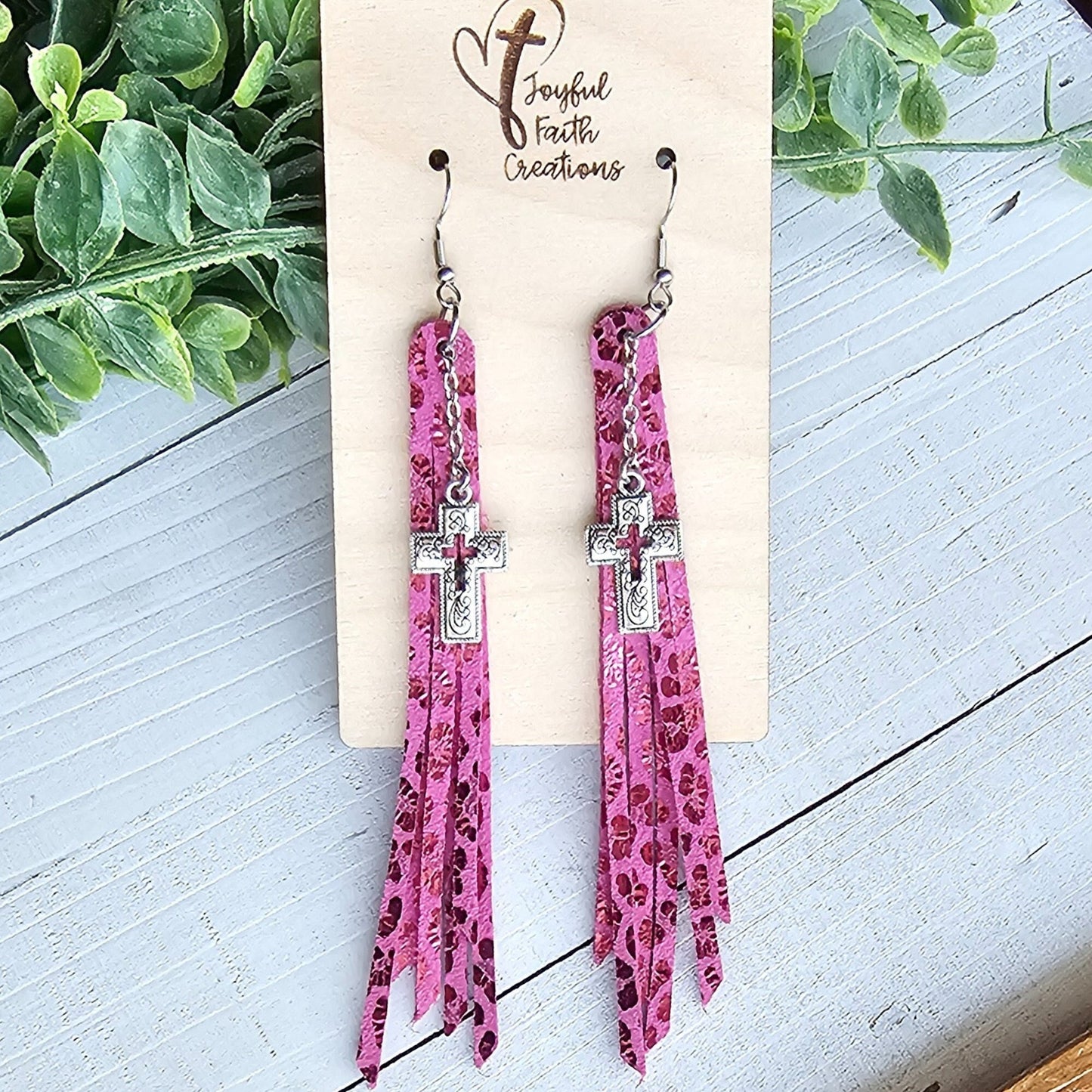 Pink Leopard Fringe Earrings with Silver Cross