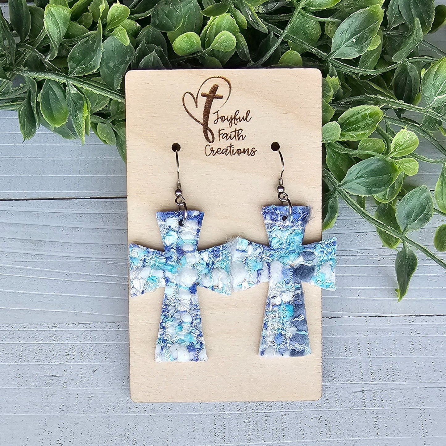 Blue and White Tweed Cross Earrings