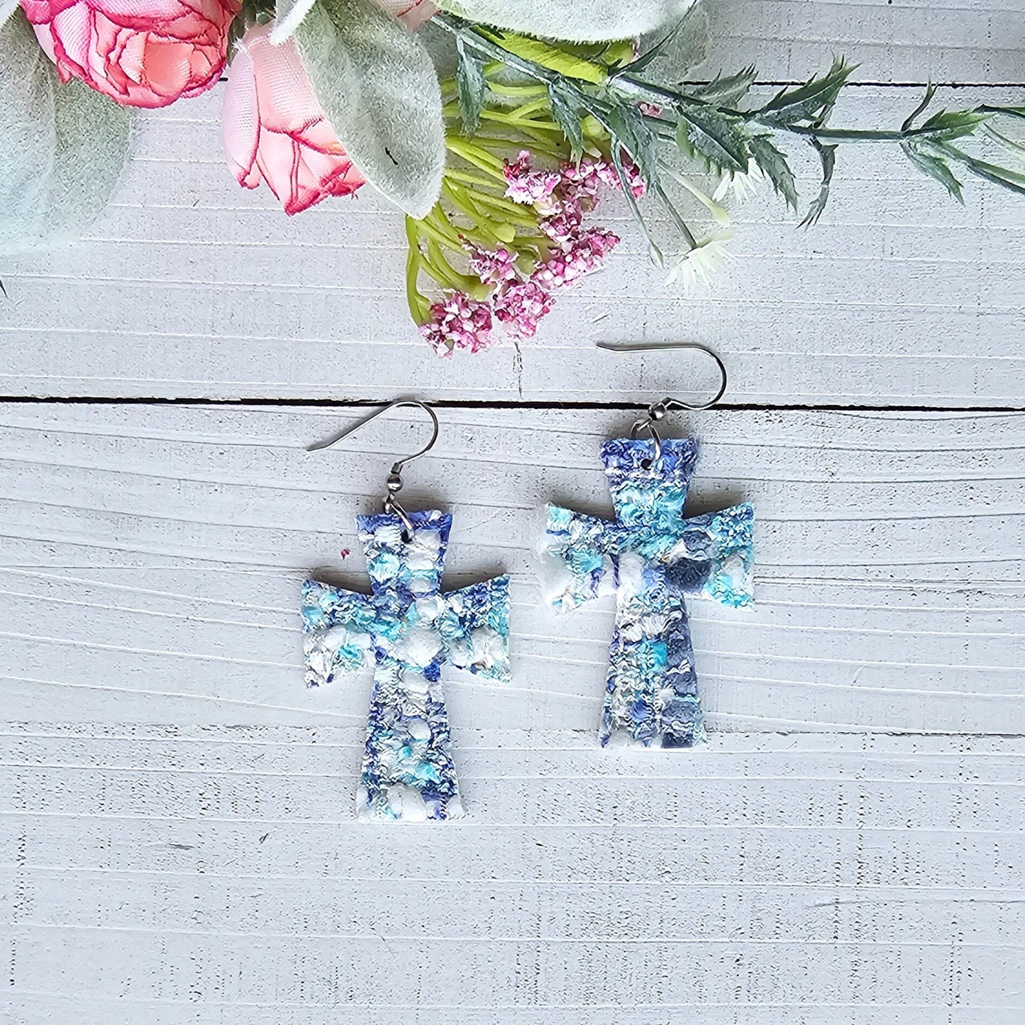 Blue and White Tweed Cross Earrings