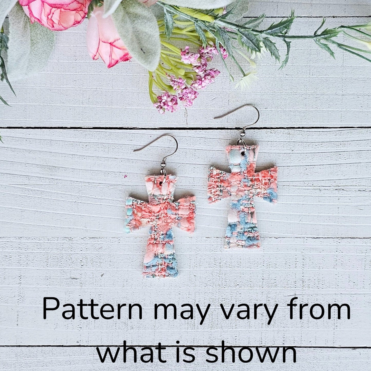 Blue and Peach Tweed Cross Earrings