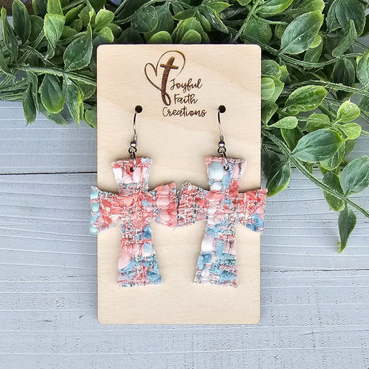 Blue and Peach Tweed Cross Earrings