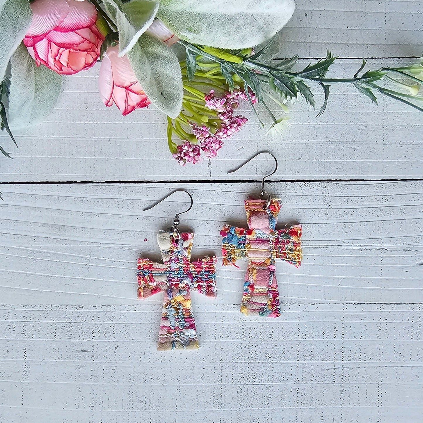 Colorful Tweed Cross Earrings