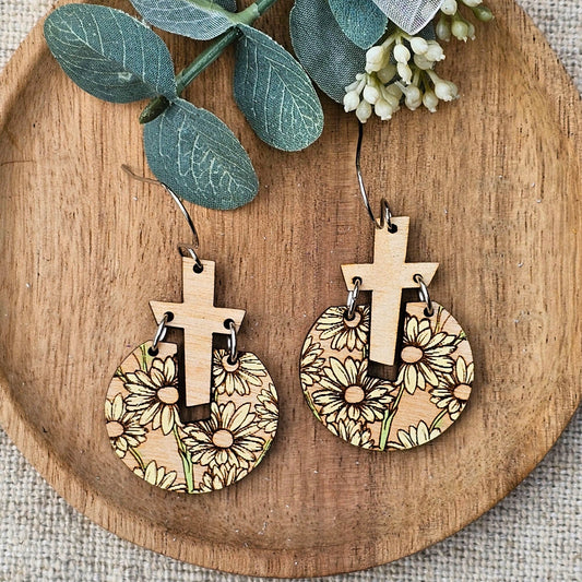white floral cross earrings wood, Christian gifts for women faith, Mothers day gift, birthday gift for sister, for best friend, baptism gift