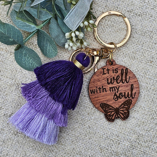 It is Well Purple Tassel Keychain